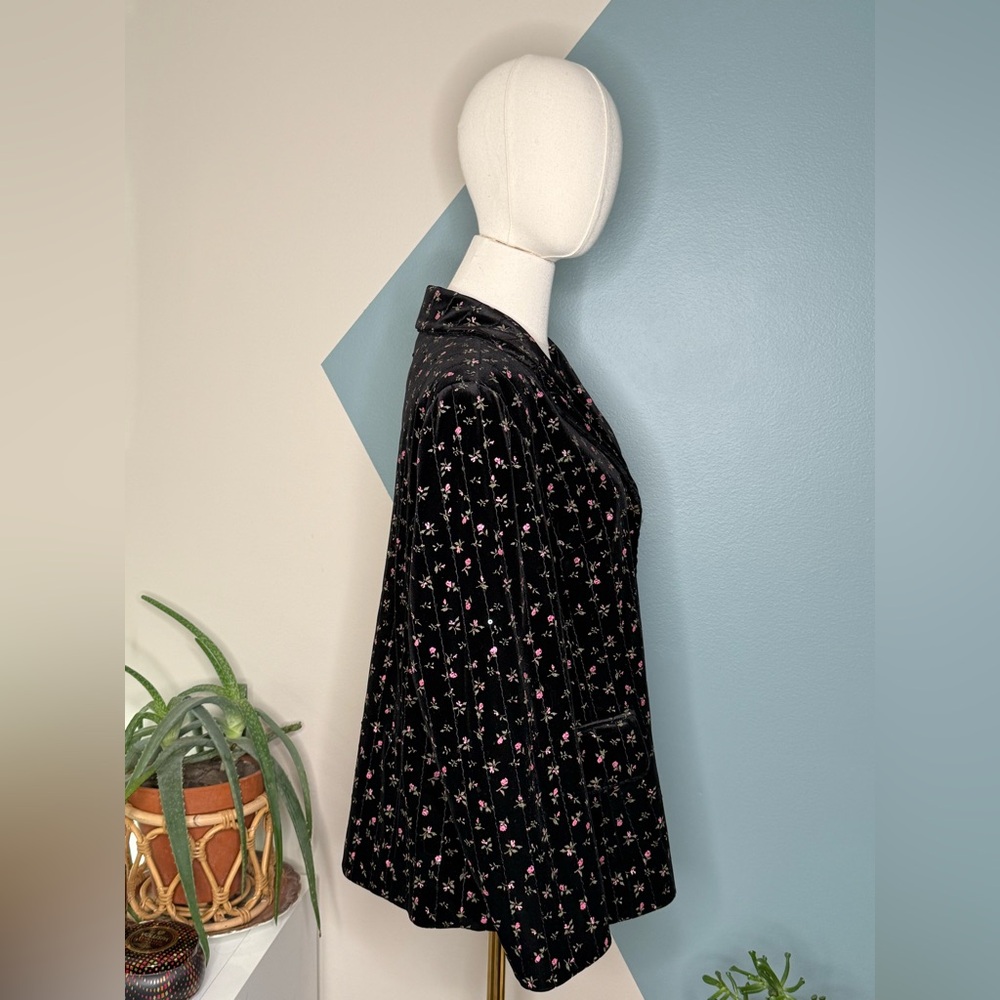 Quilted Velvet Floral Sequin Blazer Black Pink Rose Jacket VTG Cottagecore Y2K - Picture 4 of 11
